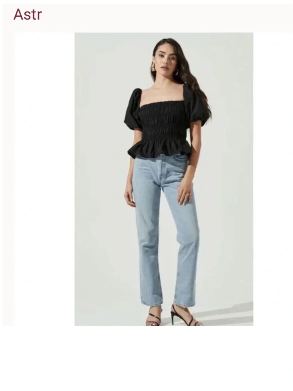 ASTR The Label Black Puff-Sleeve Smocked Peplum Top
